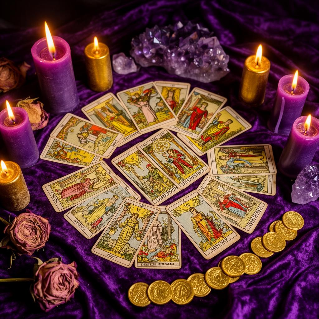 Mesa de leitura mística com cartas, velas e cristais